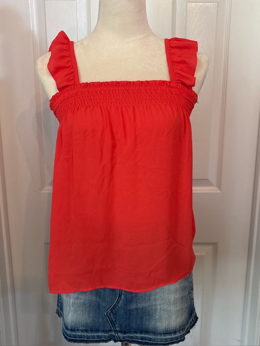 LOFT Coral Ruffled Strap Smocked Top